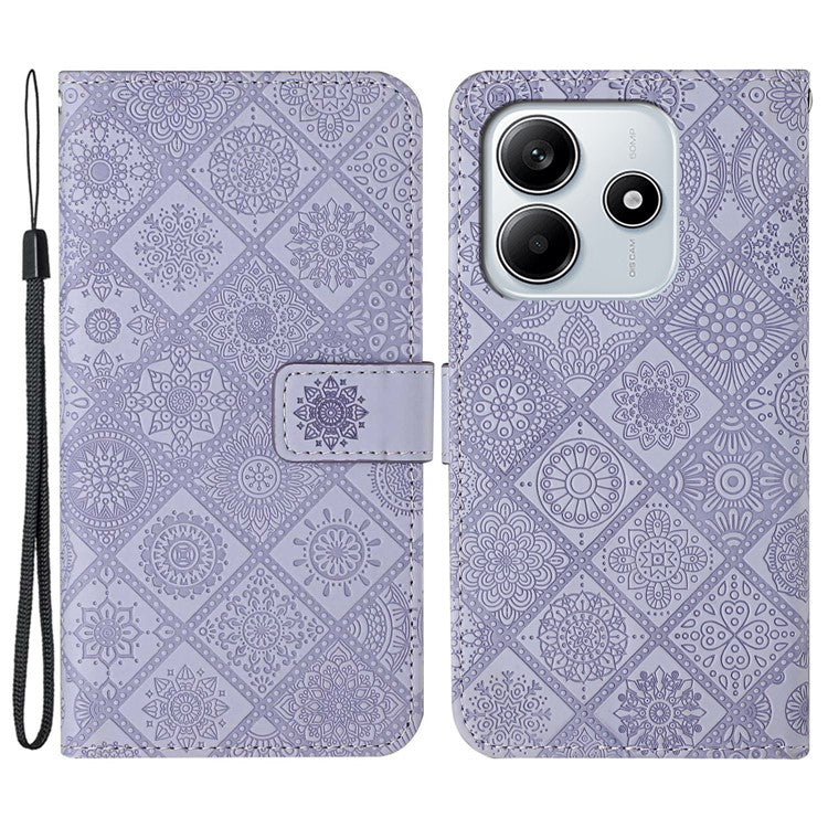 For Xiaomi Redmi Note 14 5G Case Leather Case Ethnic Style Phone Wallet Cover with Strap - Purple