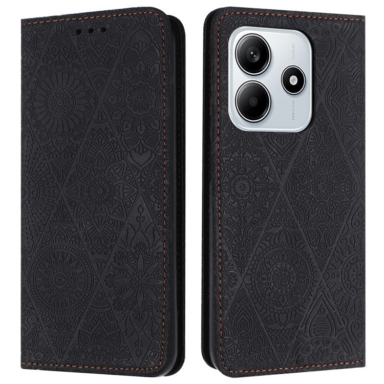 For Xiaomi Redmi Note 14 5G Case Imprinted Flower Wallet Stand Leather Phone Cover - Black