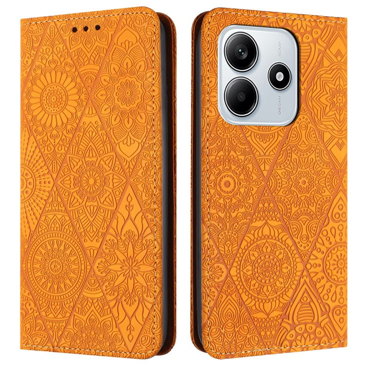 For Xiaomi Redmi Note 14 5G Case Imprinted Flower Wallet Stand Leather Phone Cover - Yellow