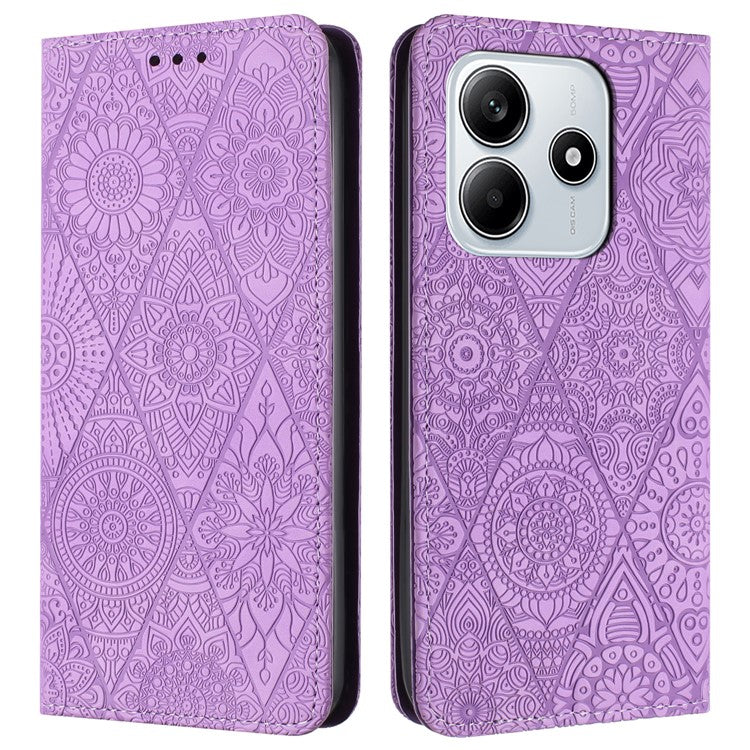 For Xiaomi Redmi Note 14 5G Case Imprinted Flower Wallet Stand Leather Phone Cover - Purple