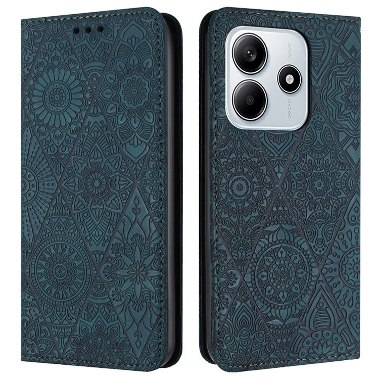 For Xiaomi Redmi Note 14 5G Case Imprinted Flower Wallet Stand Leather Phone Cover - Blue