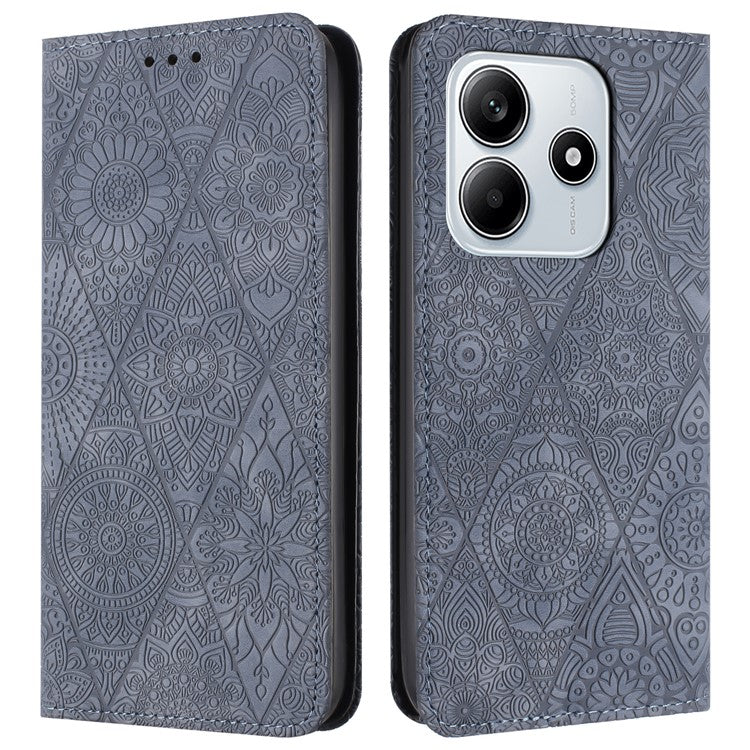 For Xiaomi Redmi Note 14 5G Case Imprinted Flower Wallet Stand Leather Phone Cover - Grey