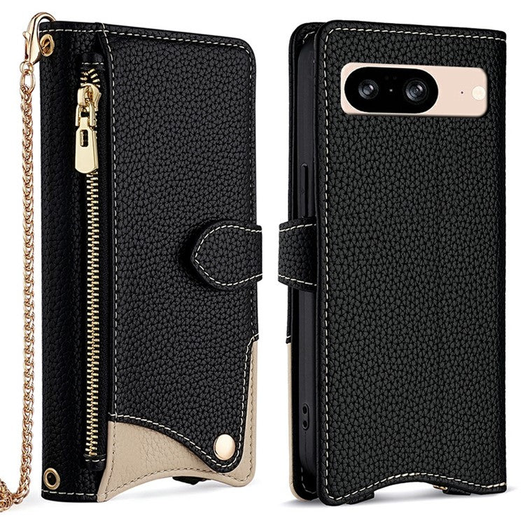 For Google Pixel 8 Leather Case Wallet Stand Cover Irregular Tail Style with Chain Strap - Black