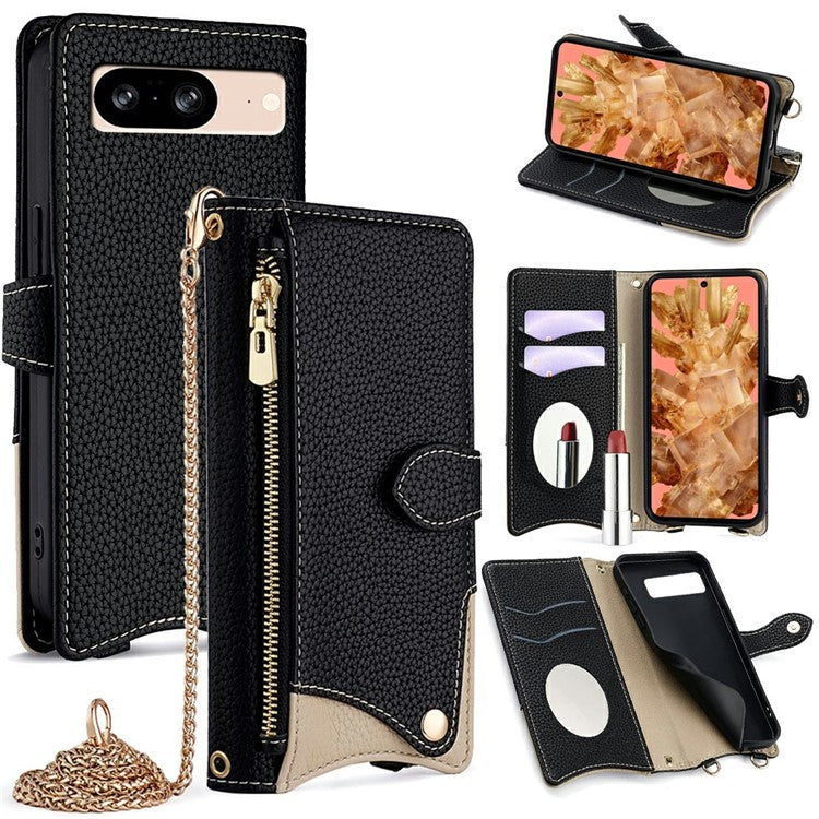 For Google Pixel 8 Leather Case Wallet Stand Cover Irregular Tail Style with Chain Strap - Black