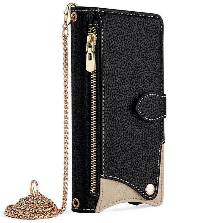 For Google Pixel 8 Leather Case Wallet Stand Cover Irregular Tail Style with Chain Strap - Black