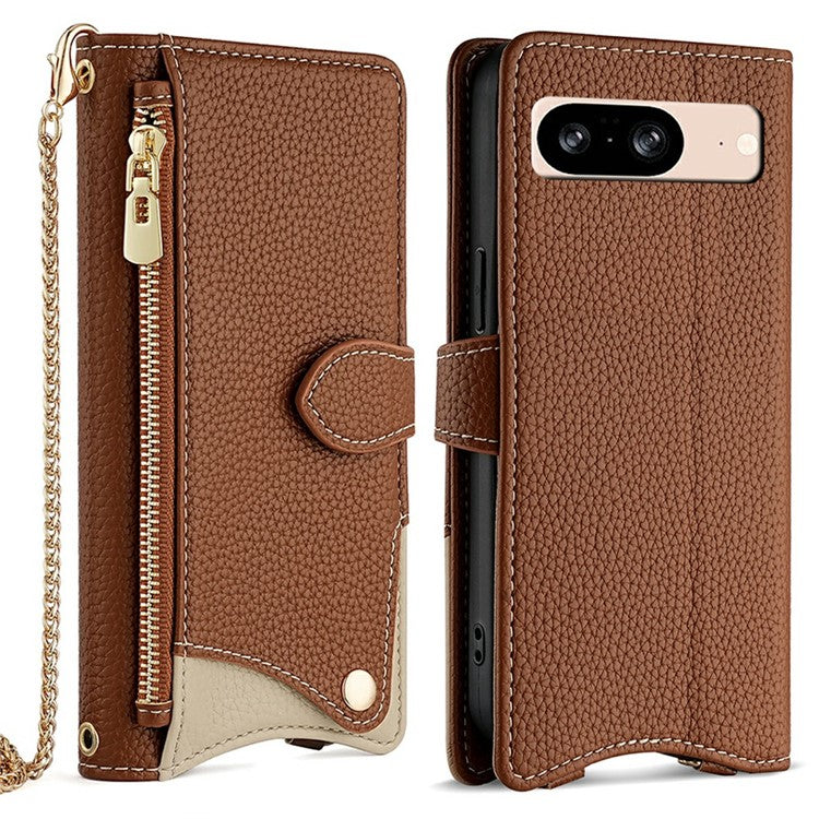 For Google Pixel 8 Leather Case Wallet Stand Cover Irregular Tail Style with Chain Strap - Brown