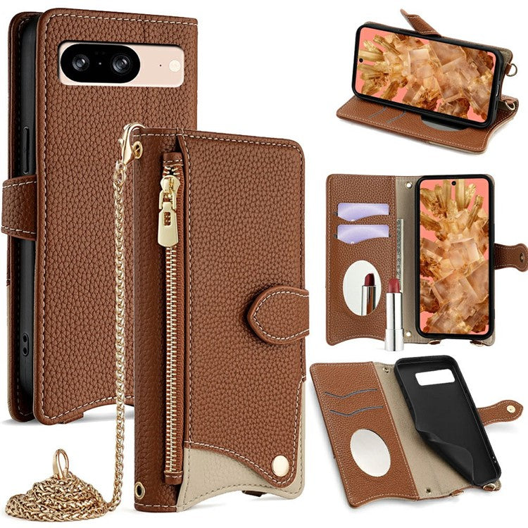 For Google Pixel 8 Leather Case Wallet Stand Cover Irregular Tail Style with Chain Strap - Brown