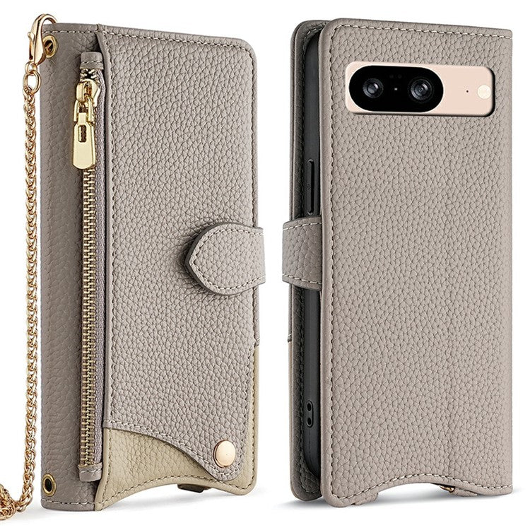 For Google Pixel 8 Leather Case Wallet Stand Cover Irregular Tail Style with Chain Strap - Grey