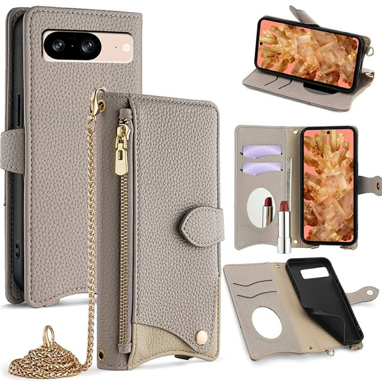 For Google Pixel 8 Leather Case Wallet Stand Cover Irregular Tail Style with Chain Strap - Grey