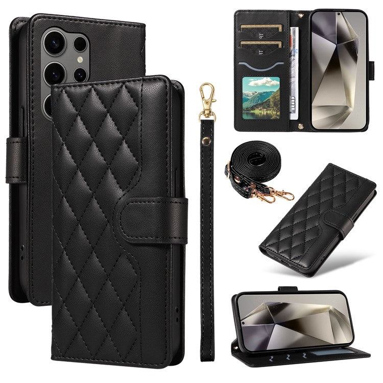 For Samsung Galaxy S25 Ultra Case Wallet Rhombus Leather Phone Cover with Shoulder Strap, Wrist Strap - Black