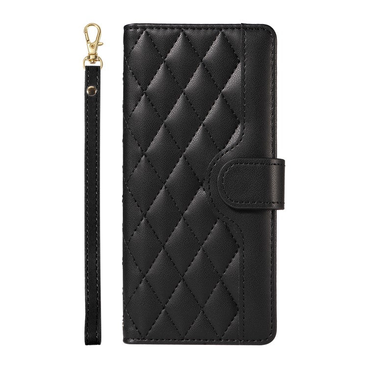 For Samsung Galaxy S25 Ultra Case Wallet Rhombus Leather Phone Cover with Shoulder Strap, Wrist Strap - Black