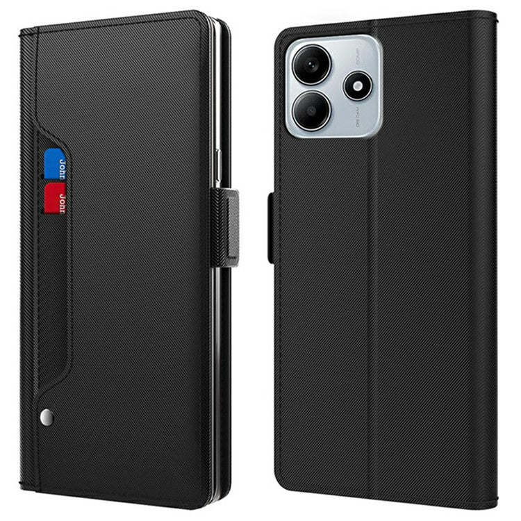 For Xiaomi Redmi Note 14 5G Case Stand PU Leather Phone Cover Card Holder Mirror - Black