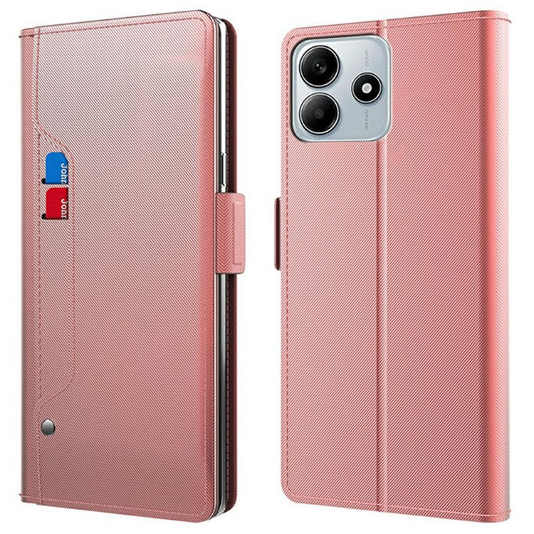 For Xiaomi Redmi Note 14 5G Case Stand PU Leather Phone Cover Card Holder Mirror - Rose Gold