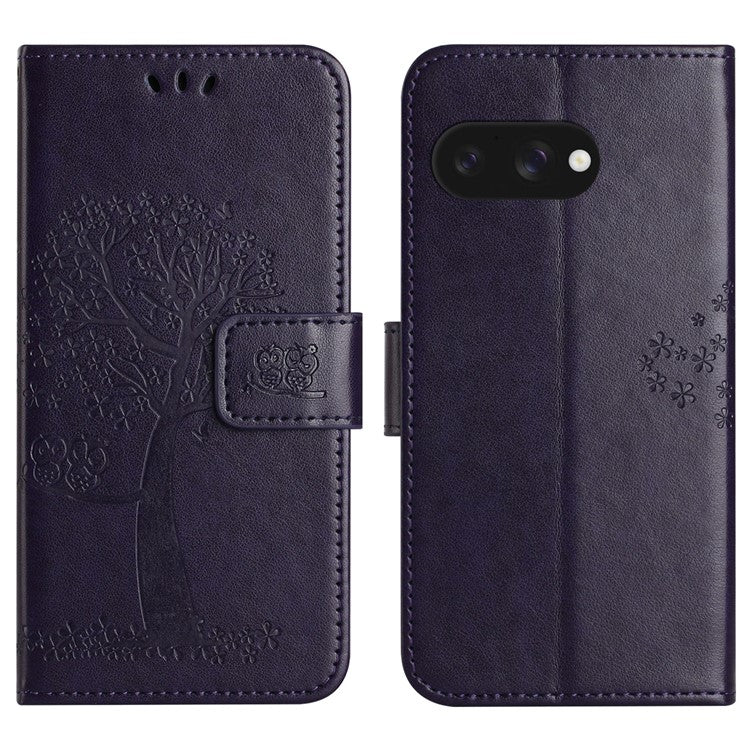 For Google Pixel 9a Case PU Leather Owl Tree Imprinted Wallet Phone Cover - Dark Purple