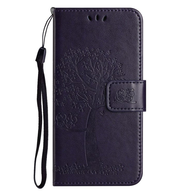 For Google Pixel 9a Case PU Leather Owl Tree Imprinted Wallet Phone Cover - Dark Purple