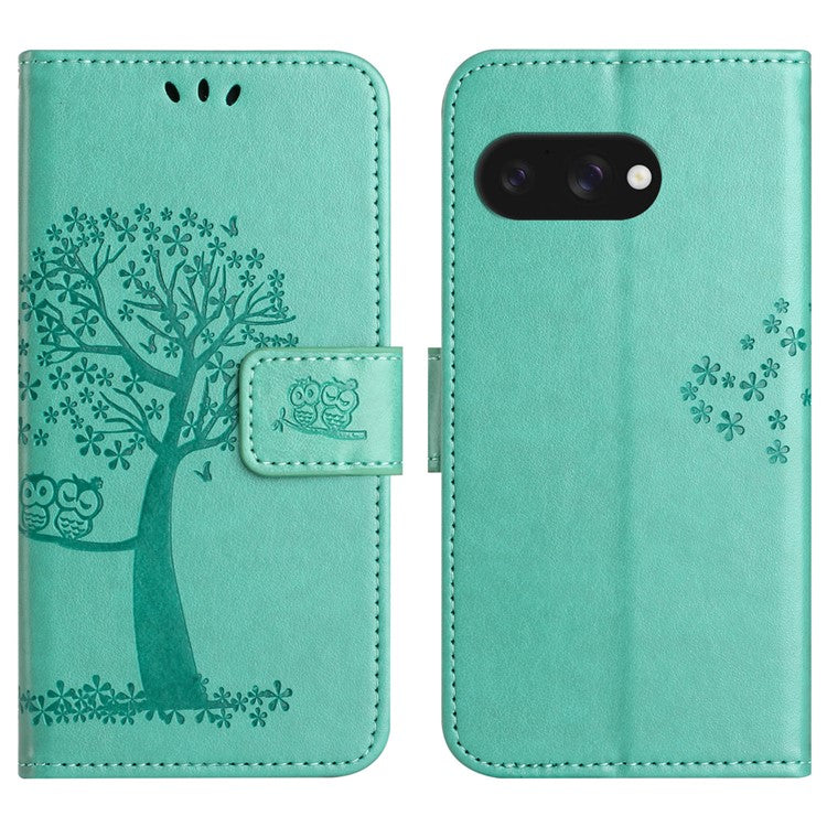 For Google Pixel 9a Case PU Leather Owl Tree Imprinted Wallet Phone Cover - Cyan