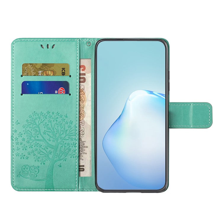 For Google Pixel 9a Case PU Leather Owl Tree Imprinted Wallet Phone Cover - Cyan