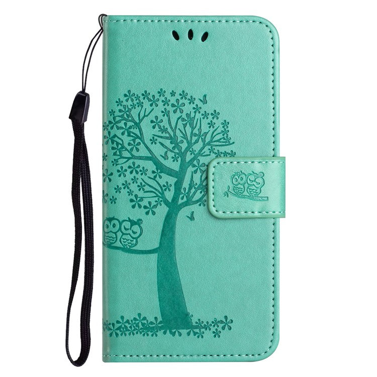 For Google Pixel 9a Case PU Leather Owl Tree Imprinted Wallet Phone Cover - Cyan