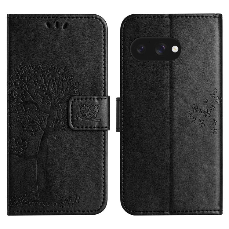 For Google Pixel 9a Case PU Leather Owl Tree Imprinted Wallet Phone Cover - Black