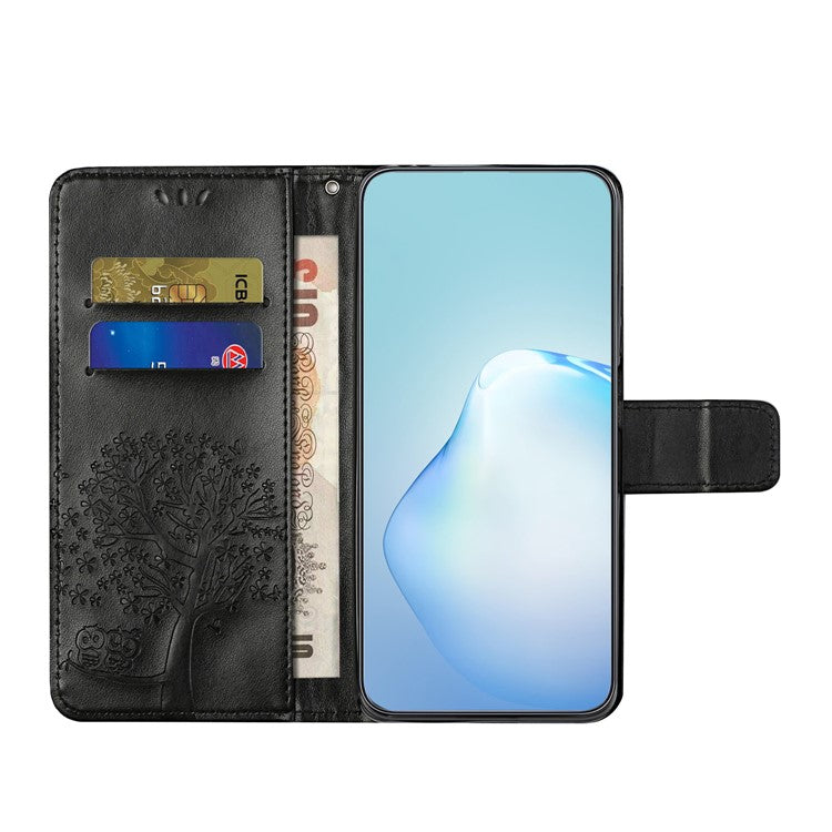 For Google Pixel 9a Case PU Leather Owl Tree Imprinted Wallet Phone Cover - Black