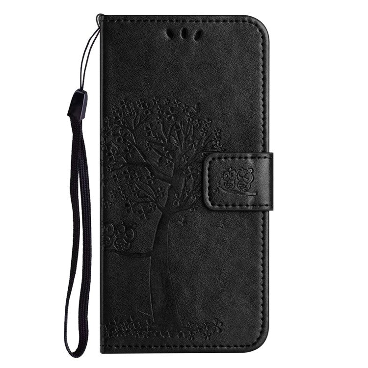 For Google Pixel 9a Case PU Leather Owl Tree Imprinted Wallet Phone Cover - Black