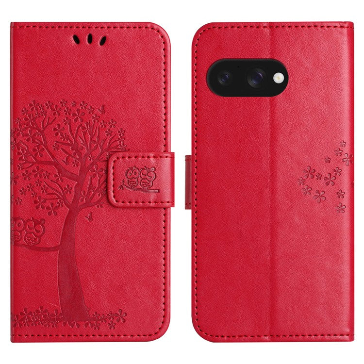 For Google Pixel 9a Case PU Leather Owl Tree Imprinted Wallet Phone Cover - Red