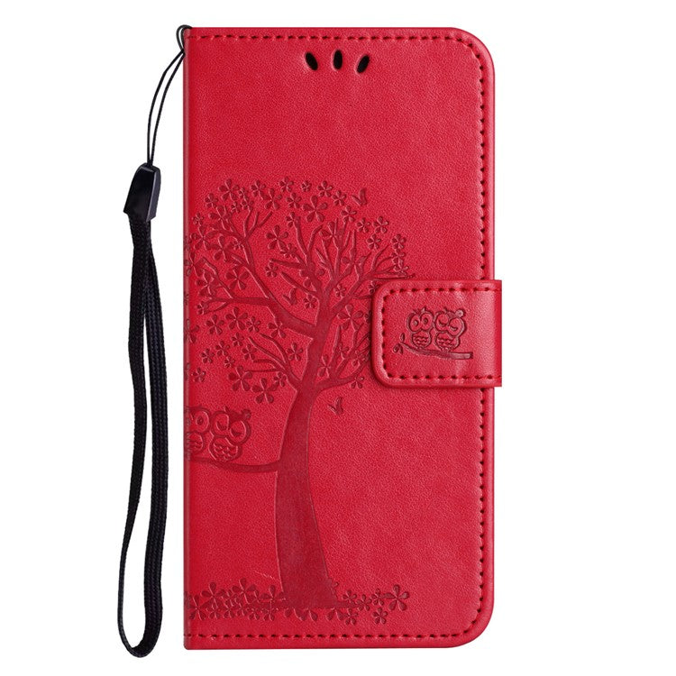 For Google Pixel 9a Case PU Leather Owl Tree Imprinted Wallet Phone Cover - Red