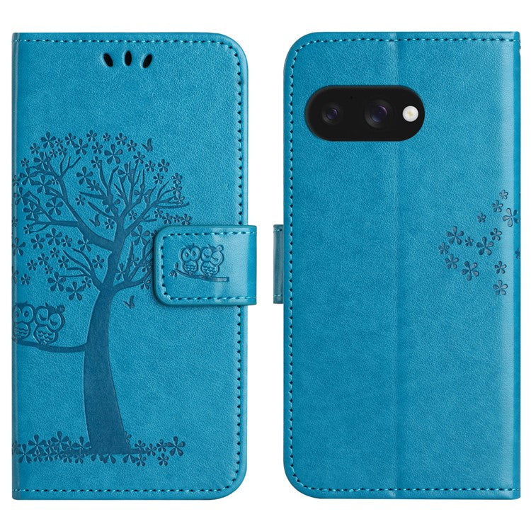 For Google Pixel 9a Case PU Leather Owl Tree Imprinted Wallet Phone Cover - Blue