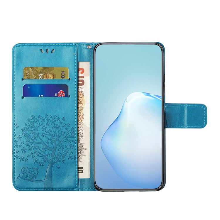 For Google Pixel 9a Case PU Leather Owl Tree Imprinted Wallet Phone Cover - Blue