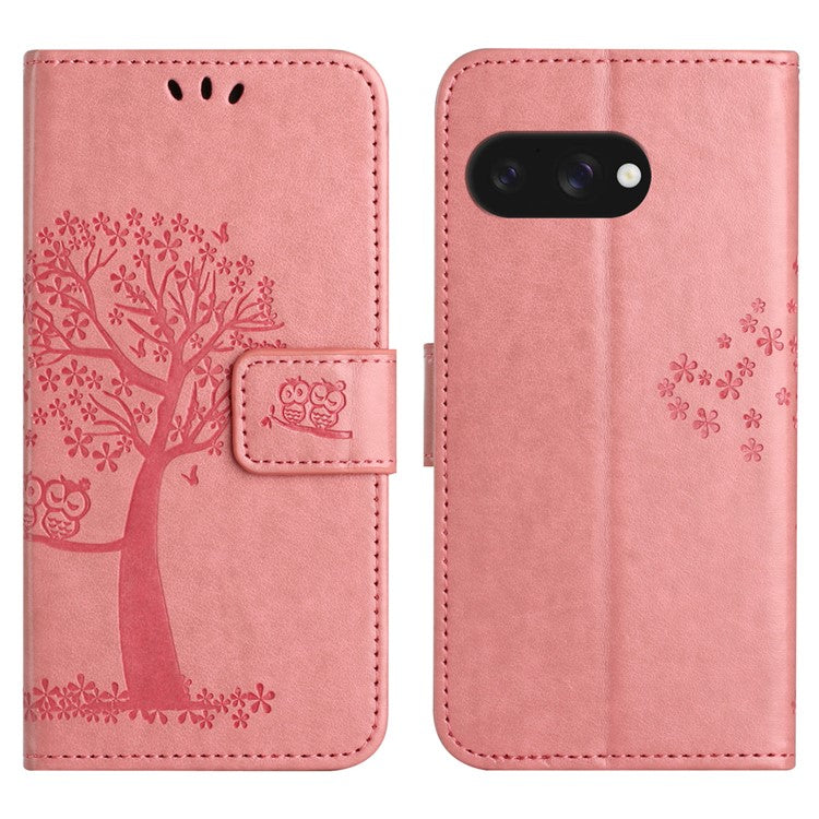 For Google Pixel 9a Case PU Leather Owl Tree Imprinted Wallet Phone Cover - Pink