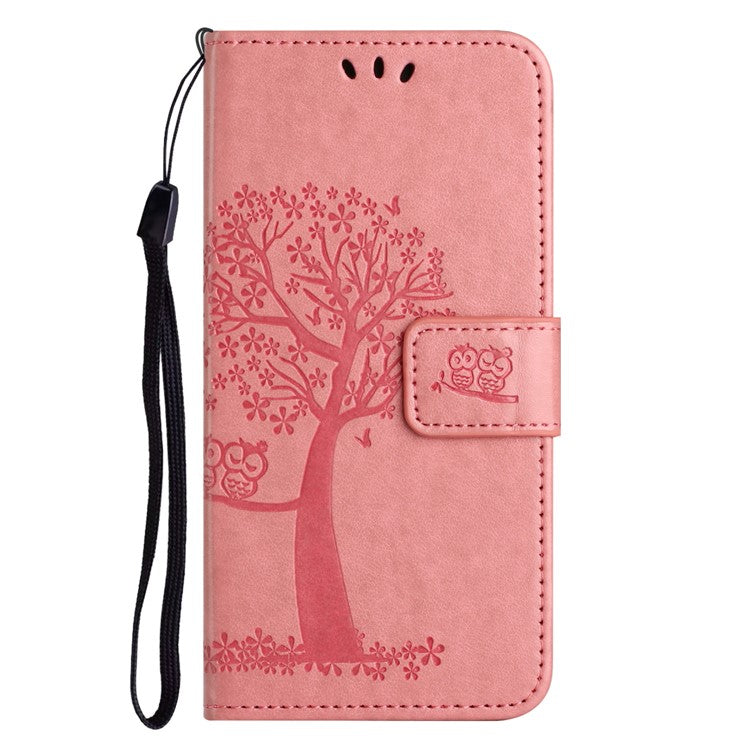 For Google Pixel 9a Case PU Leather Owl Tree Imprinted Wallet Phone Cover - Pink