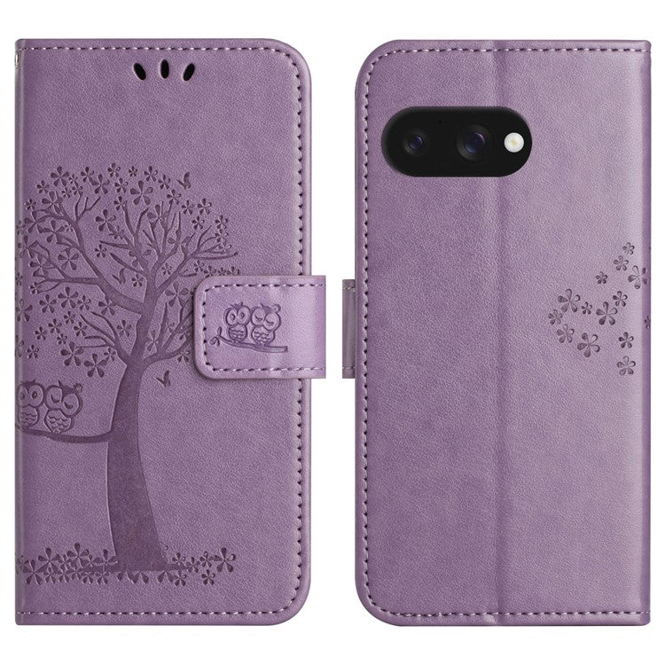 For Google Pixel 9a Case PU Leather Owl Tree Imprinted Wallet Phone Cover - Purple