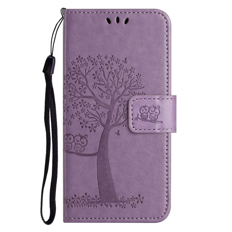 For Google Pixel 9a Case PU Leather Owl Tree Imprinted Wallet Phone Cover - Purple