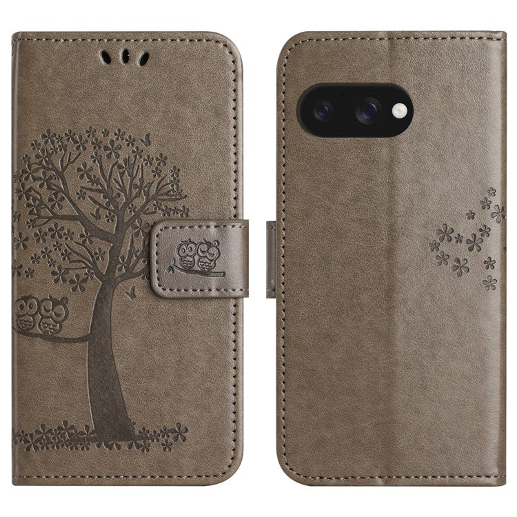 For Google Pixel 9a Case PU Leather Owl Tree Imprinted Wallet Phone Cover - Grey