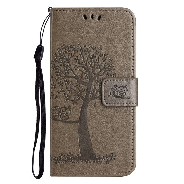 For Google Pixel 9a Case PU Leather Owl Tree Imprinted Wallet Phone Cover - Grey