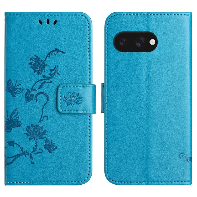 For Google Pixel 9a Case Wallet Stand Imprinted Butterfly Flower PU Leather Phone Cover - Blue