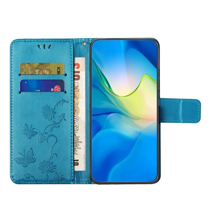 For Google Pixel 9a Case Wallet Stand Imprinted Butterfly Flower PU Leather Phone Cover - Blue