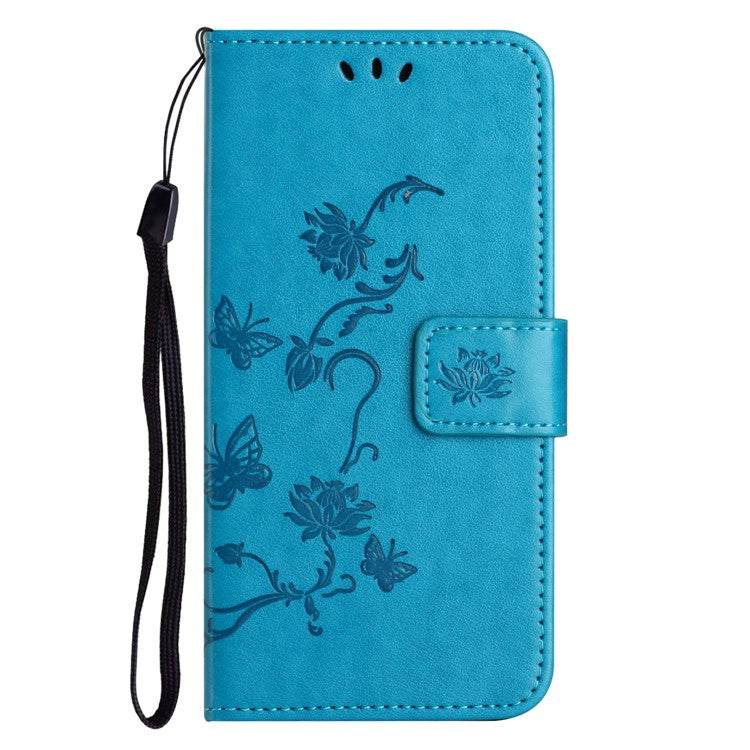 For Google Pixel 9a Case Wallet Stand Imprinted Butterfly Flower PU Leather Phone Cover - Blue