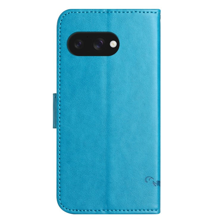 For Google Pixel 9a Case Wallet Stand Imprinted Butterfly Flower PU Leather Phone Cover - Blue