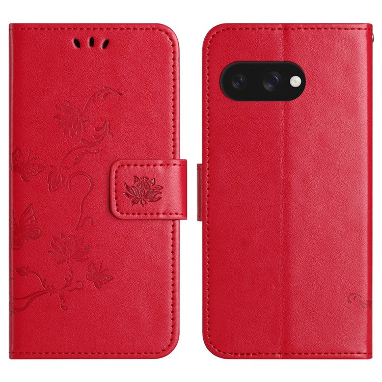 For Google Pixel 9a Case Wallet Stand Imprinted Butterfly Flower PU Leather Phone Cover - Red