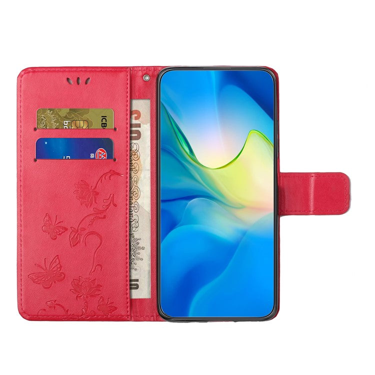 For Google Pixel 9a Case Wallet Stand Imprinted Butterfly Flower PU Leather Phone Cover - Red