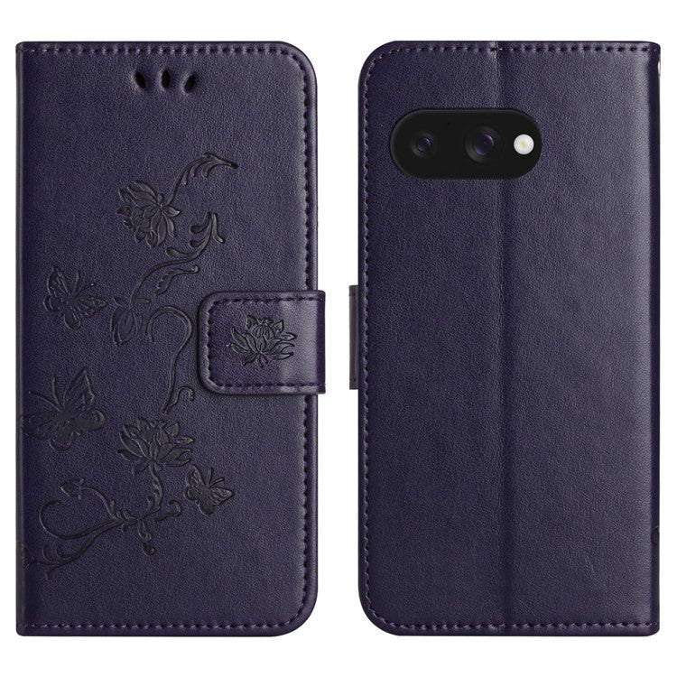 For Google Pixel 9a Case Wallet Stand Imprinted Butterfly Flower PU Leather Phone Cover - Dark Purple