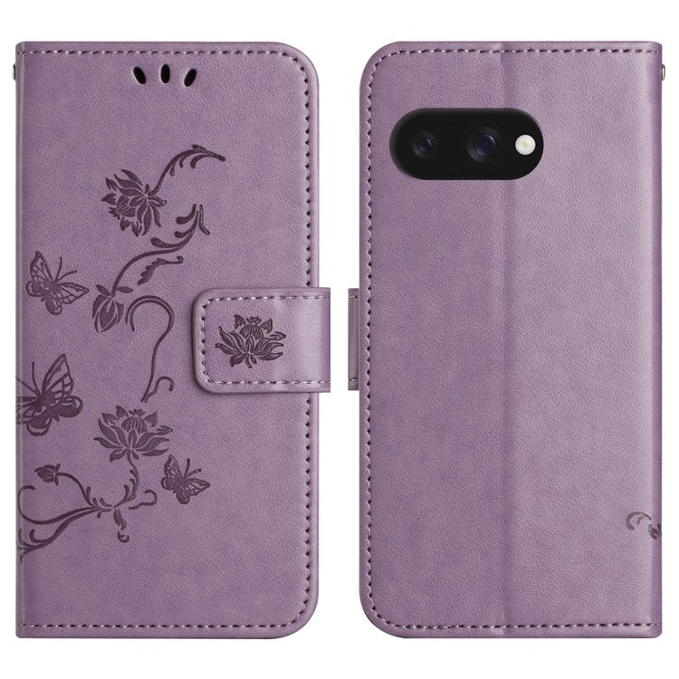 For Google Pixel 9a Case Wallet Stand Imprinted Butterfly Flower PU Leather Phone Cover - Purple