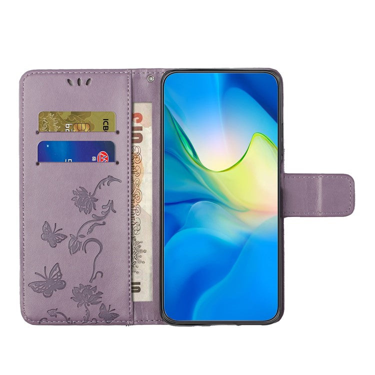 For Google Pixel 9a Case Wallet Stand Imprinted Butterfly Flower PU Leather Phone Cover - Purple