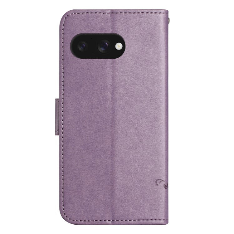 For Google Pixel 9a Case Wallet Stand Imprinted Butterfly Flower PU Leather Phone Cover - Purple