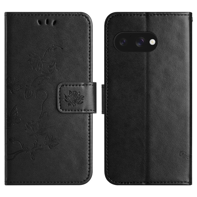 For Google Pixel 9a Case Wallet Stand Imprinted Butterfly Flower PU Leather Phone Cover - Black