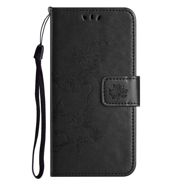 For Google Pixel 9a Case Wallet Stand Imprinted Butterfly Flower PU Leather Phone Cover - Black