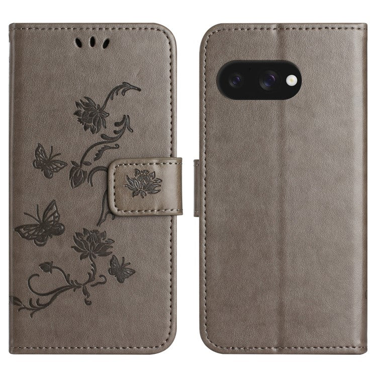 For Google Pixel 9a Case Wallet Stand Imprinted Butterfly Flower PU Leather Phone Cover - Grey