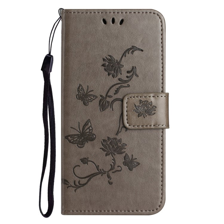 For Google Pixel 9a Case Wallet Stand Imprinted Butterfly Flower PU Leather Phone Cover - Grey