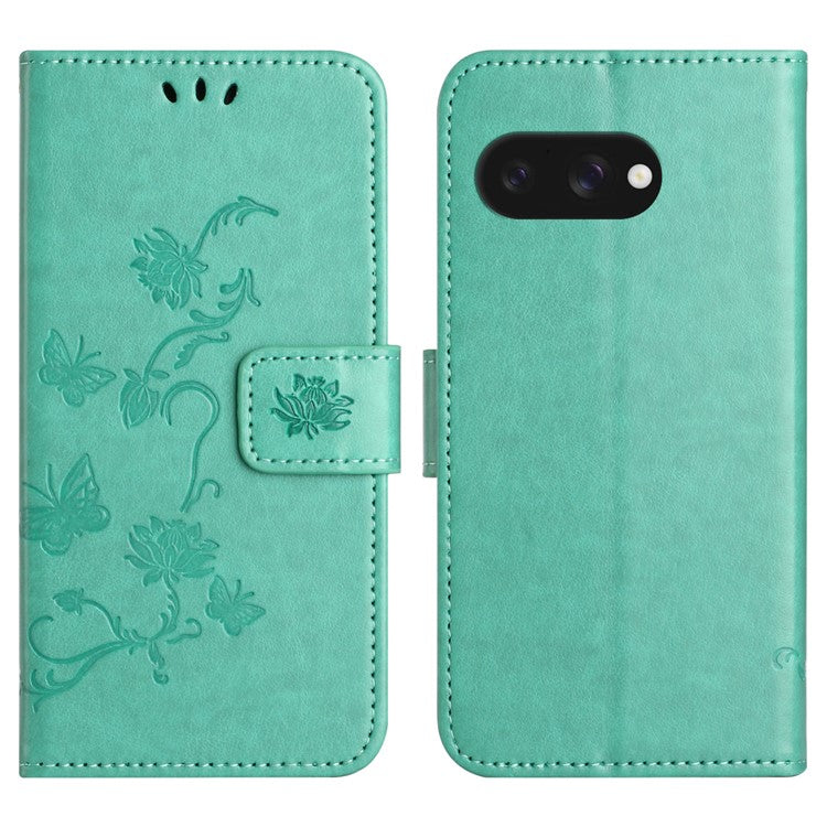 For Google Pixel 9a Case Wallet Stand Imprinted Butterfly Flower PU Leather Phone Cover - Cyan